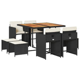 9 Piece Garden Dining Set with Cushions Black Poly Rattan - Front View