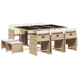 11 Piece Garden Dining Set with Cushions Beige Poly Rattan - Front View