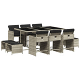 11 Piece Garden Dining Set with Cushions Light Grey Poly Rattan - Front View