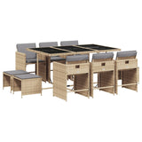 11 Piece Garden Dining Set with Cushions Mix Beige Poly Rattan - Front View