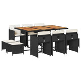 11 Piece Garden Dining Set with Cushions Black Poly Rattan - Front View
