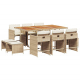 11 Piece Garden Dining Set with Cushions Beige Poly Rattan - Front View