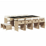 13 Piece Garden Dining Set with Cushions Beige Poly Rattan