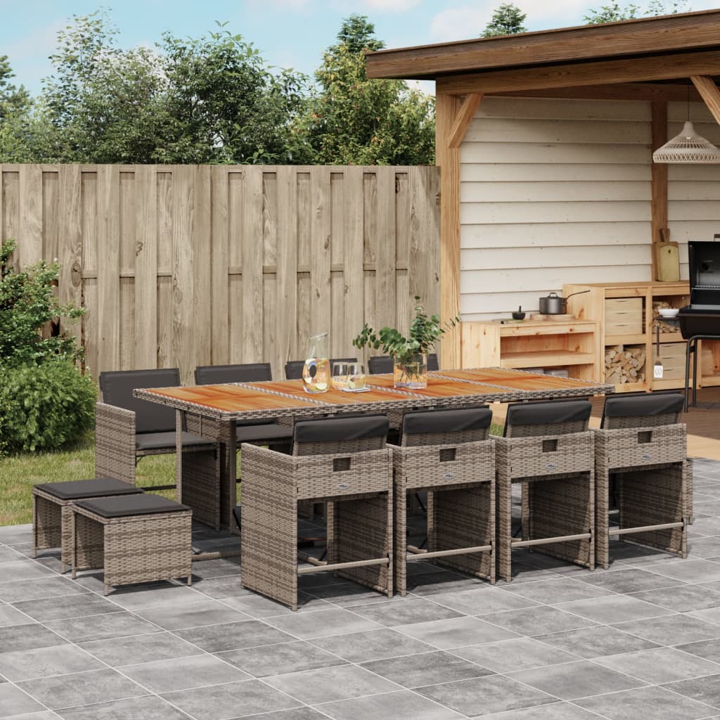 13 Piece Garden Dining Set with Cushions Grey Poly Rattan