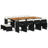 13 Piece Garden Dining Set with Cushions Black Poly Rattan - Front View