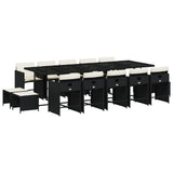 15 Piece Garden Dining Set with Cushions Black Poly Rattan