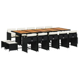 15 Piece Garden Dining Set with Cushions Black Poly Rattan