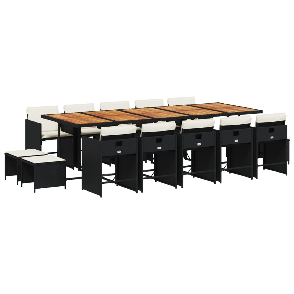 15 Piece Garden Dining Set with Cushions Black Poly Rattan