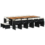 15 Piece Garden Dining Set with Cushions Black Poly Rattan - Front View
