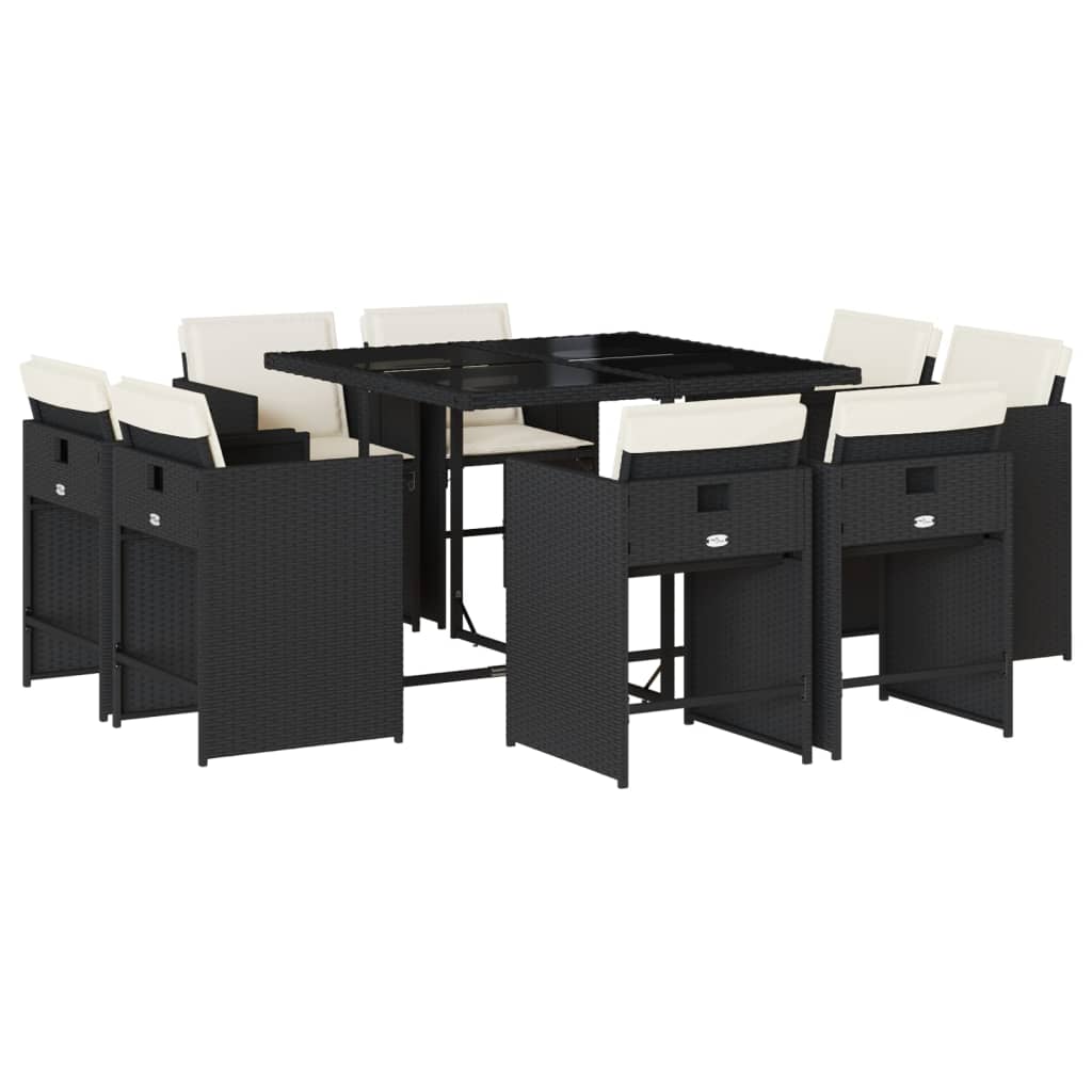 9 Piece Garden Dining Set with Cushions Black Poly Rattan