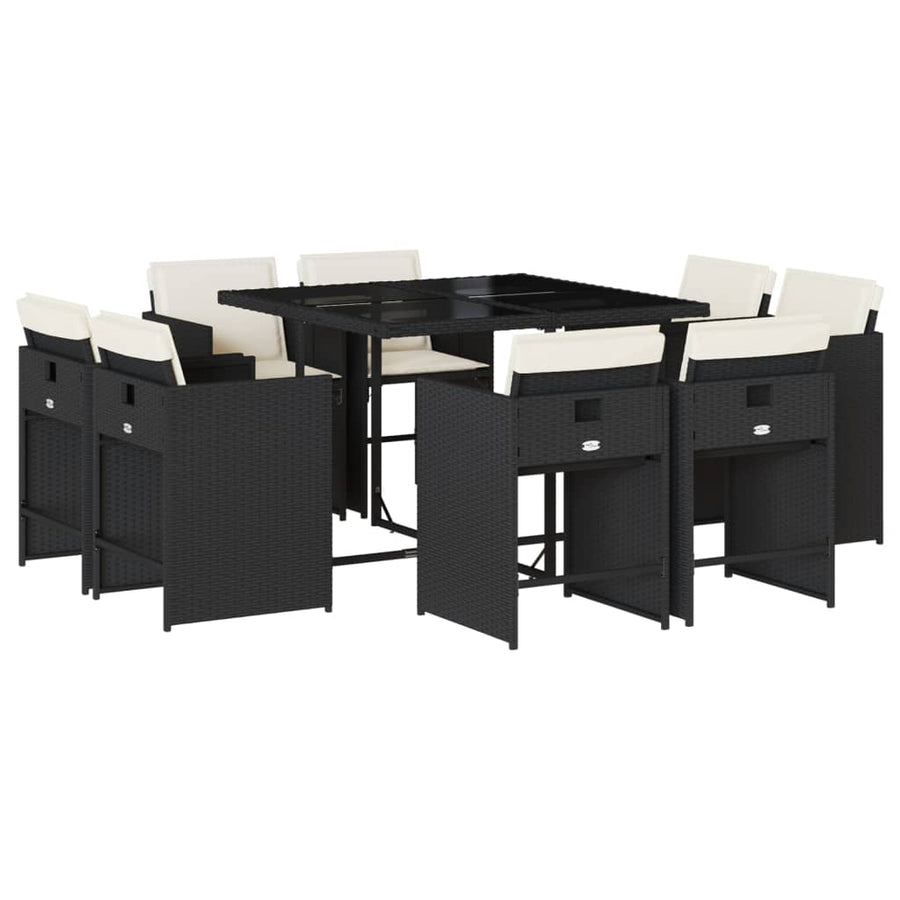 9 Piece Garden Dining Set with Cushions Black Poly Rattan