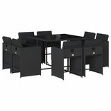 9 Piece Garden Dining Set with Cushions Black Poly Rattan - Front View