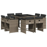 9 Piece Garden Dining Set with Cushions Grey Poly Rattan - Front View
