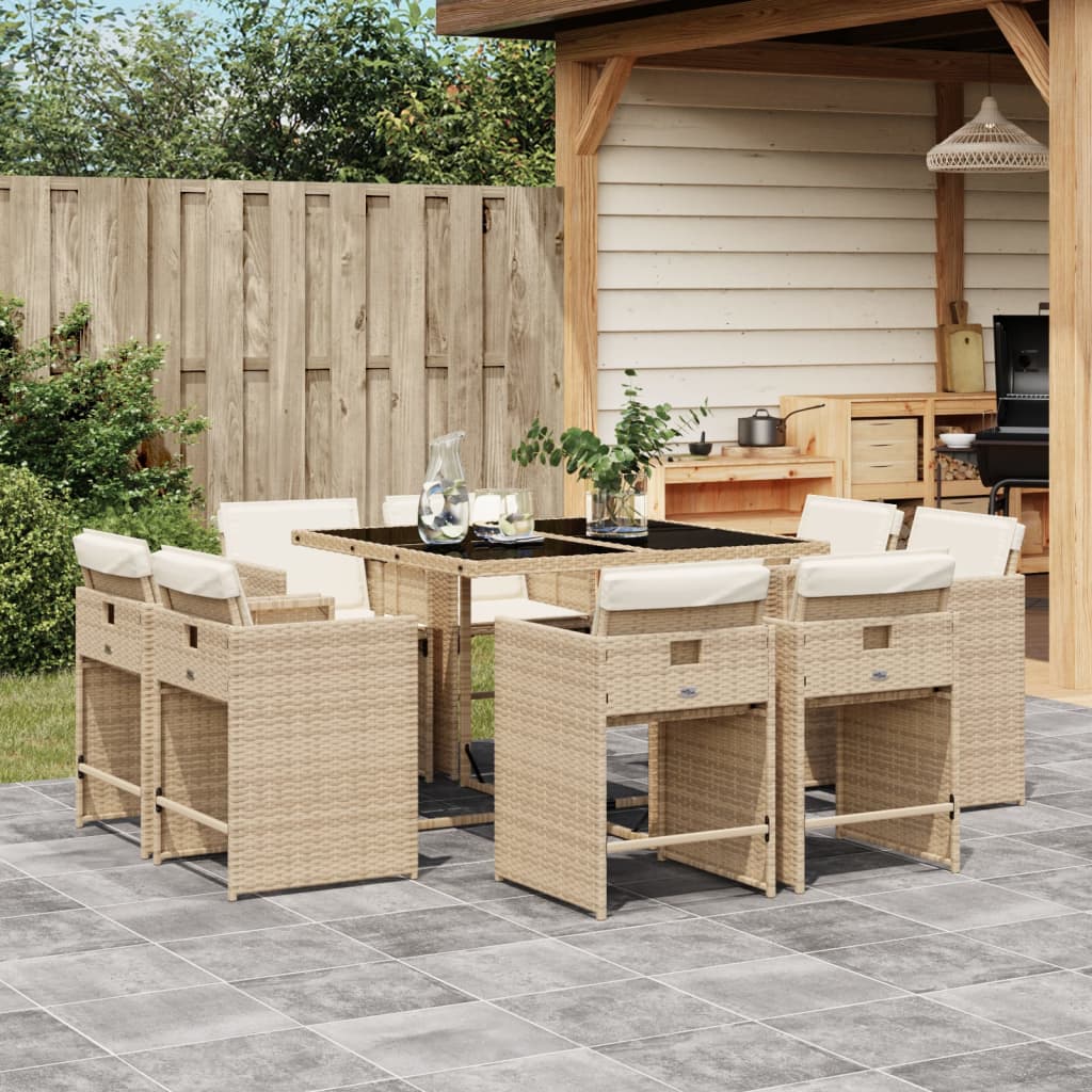 9 Piece Garden Dining Set with Cushions Beige Poly Rattan