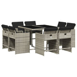 9 Piece Garden Dining Set with Cushions Light Grey Poly Rattan - Front View