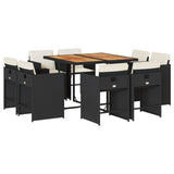 9 Piece Garden Dining Set with Cushions Black Poly Rattan - Front View
