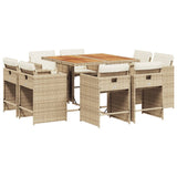 9 Piece Garden Dining Set with Cushions Beige Poly Rattan - Front View
