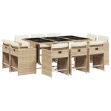 11 Piece Garden Dining Set with Cushions Beige Poly Rattan - Front View