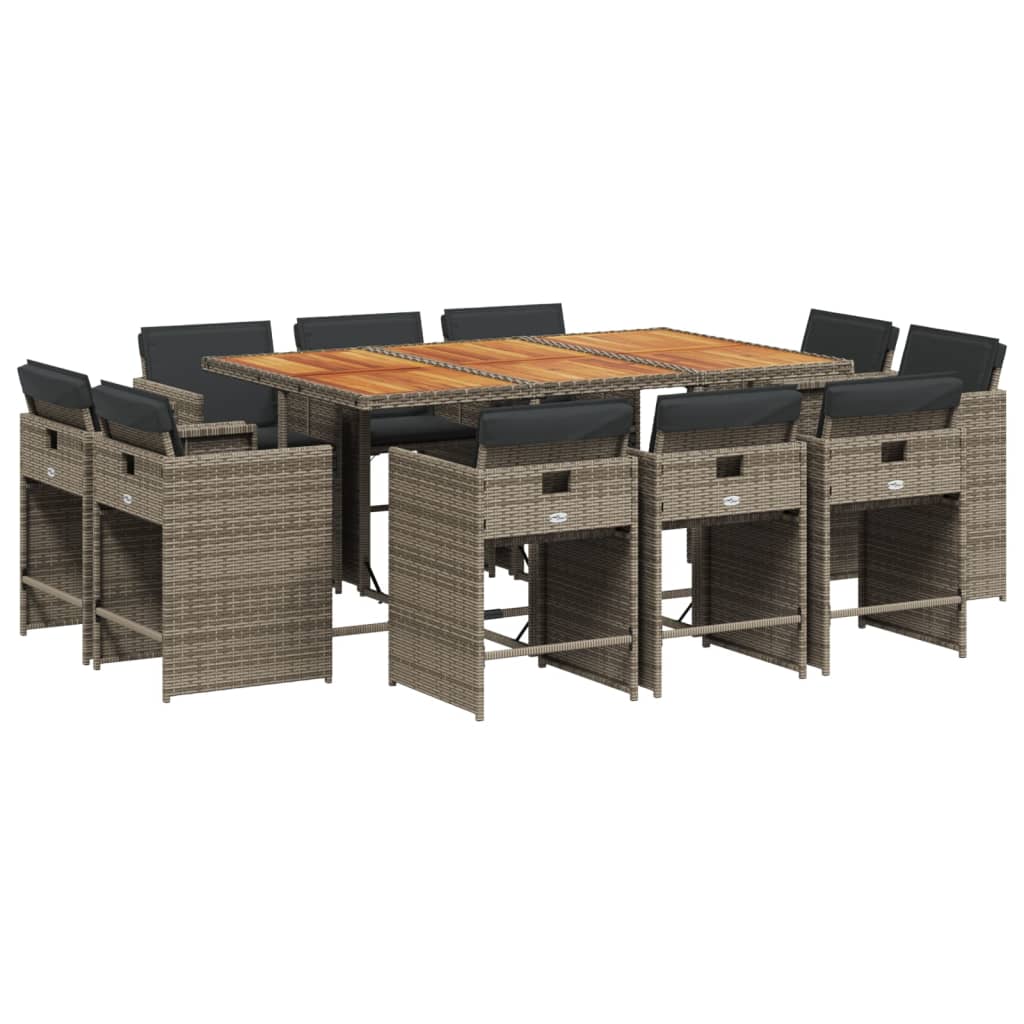 11 Piece Garden Dining Set with Cushions Grey Poly Rattan