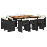 11 Piece Garden Dining Set with Cushions Black Poly Rattan - Front View