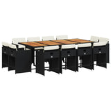 13 Piece Garden Dining Set with Cushions Black Poly Rattan - Front View