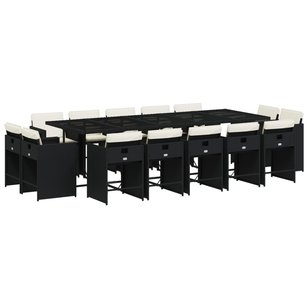 15 Piece Garden Dining Set with Cushions Black Poly Rattan