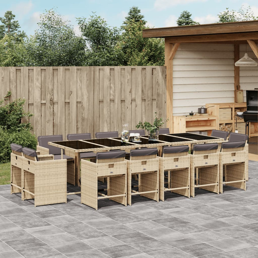 15 Piece Garden Dining Set with Cushions Mix Beige Poly Rattan