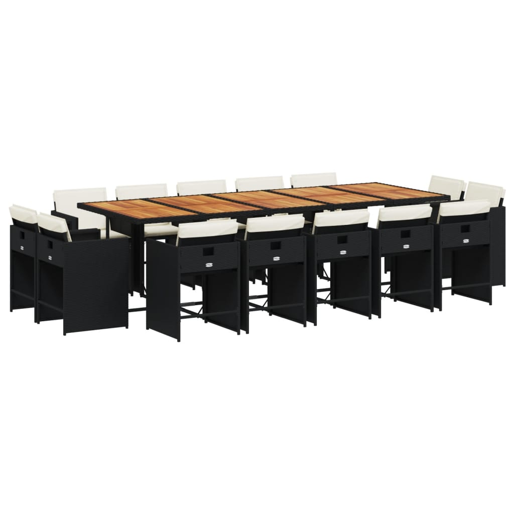 15 Piece Garden Dining Set with Cushions Black Poly Rattan
