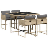 5 Piece Garden Dining Set with Cushions Mix Beige Poly Rattan - Front View