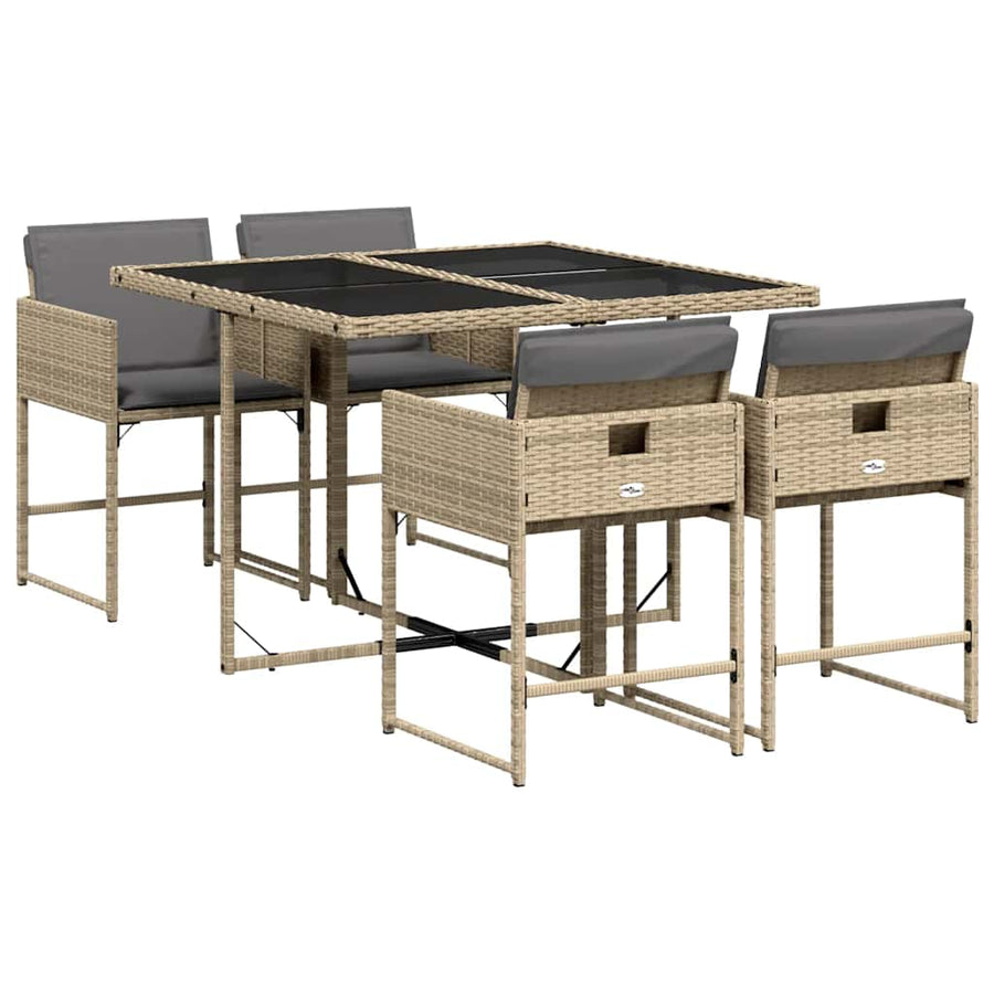 5 Piece Garden Dining Set with Cushions Mix Beige Poly Rattan