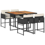 5 Piece Garden Dining Set with Cushions Black Poly Rattan - Front View