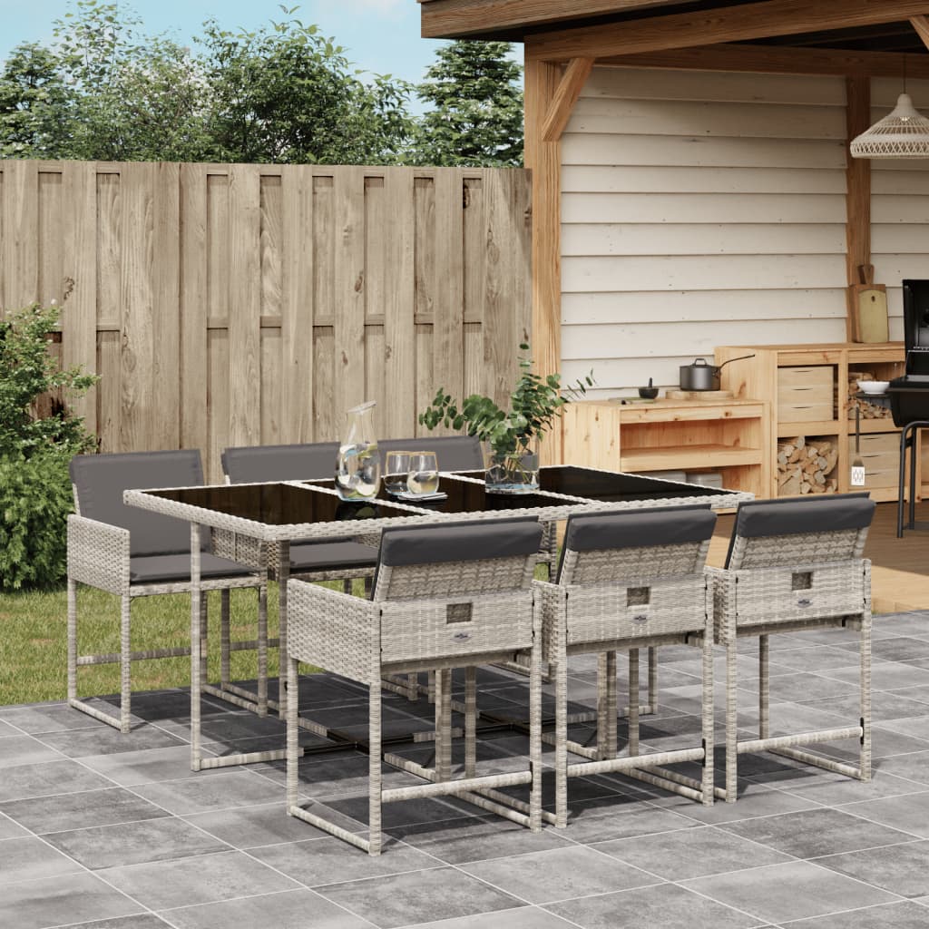 7 Piece Garden Dining Set with Cushions Light Grey Poly Rattan