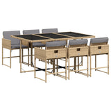 7 Piece Garden Dining Set with Cushions Mix Beige Poly Rattan - Front View