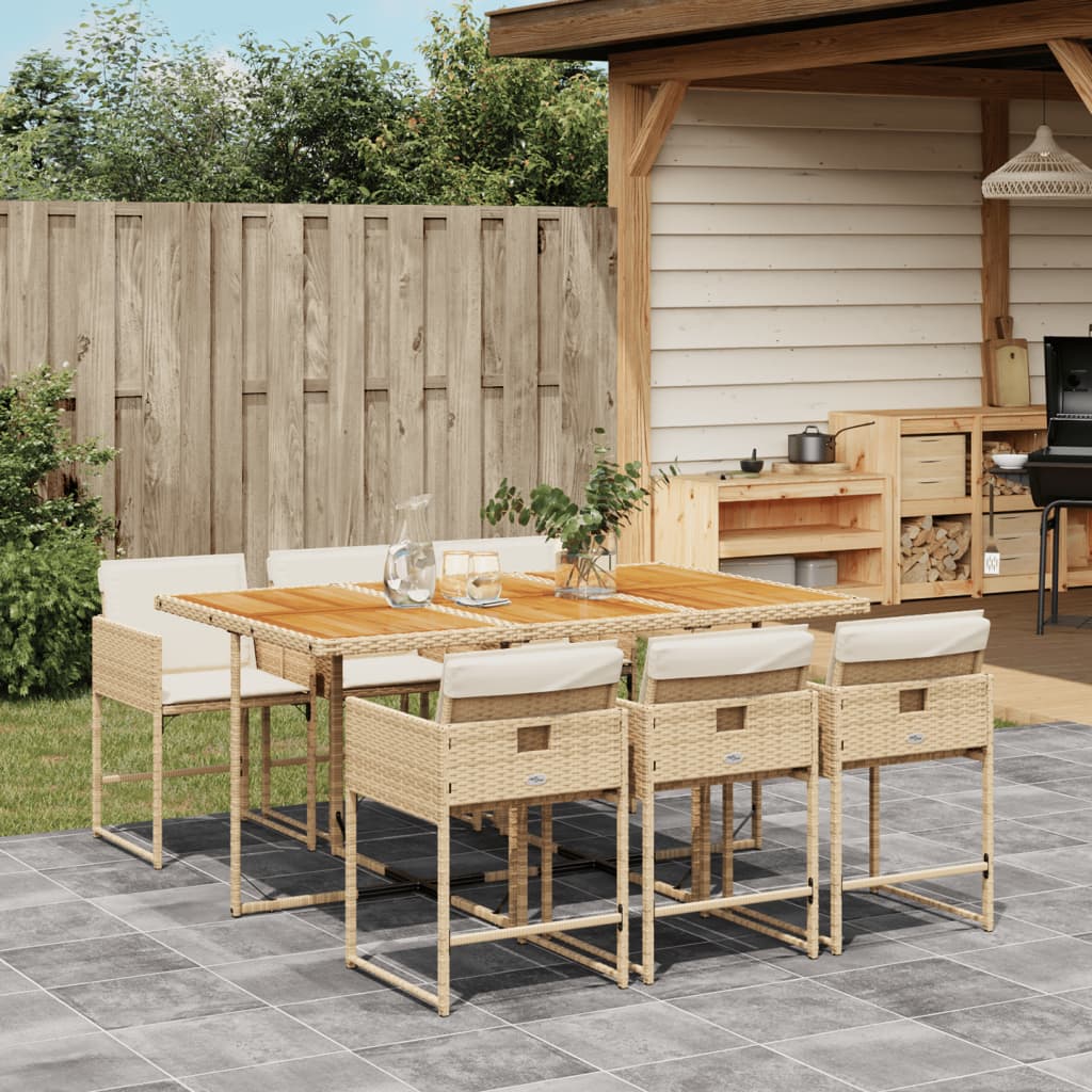 7 Piece Garden Dining Set with Cushions Beige Poly Rattan