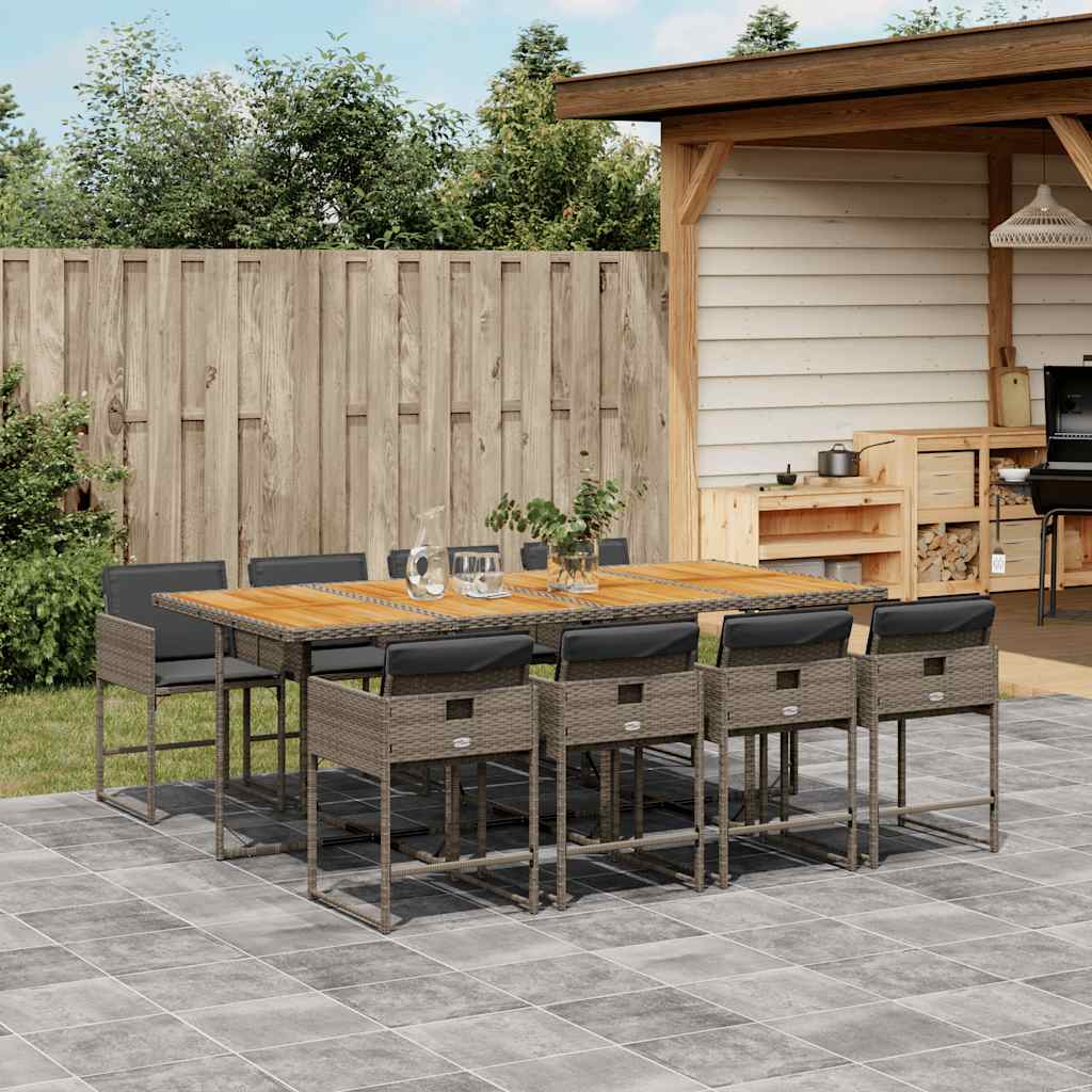 9 Piece Garden Dining Set with Cushions Grey Poly Rattan