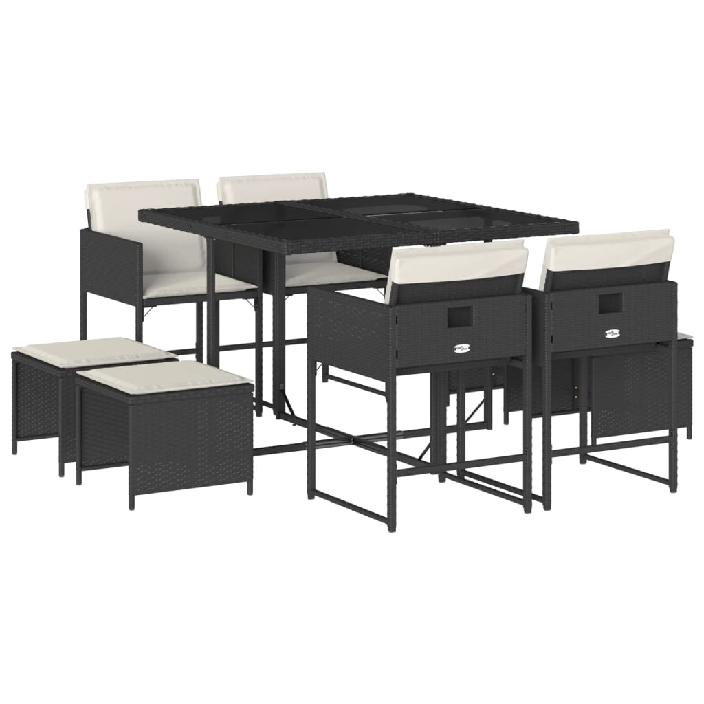 9 Piece Garden Dining Set with Cushions Black Poly Rattan