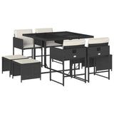 9 Piece Garden Dining Set with Cushions Black Poly Rattan - Front View