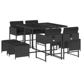 9 Piece Garden Dining Set with Cushions Black Poly Rattan - Front View