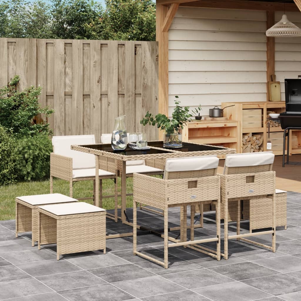 9 Piece Garden Dining Set with Cushions Beige Poly Rattan