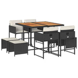 9 Piece Garden Dining Set with Cushions Black Poly Rattan - Front View
