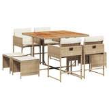 9 Piece Garden Dining Set with Cushions Beige Poly Rattan - Front View