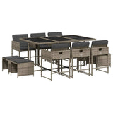 11 Piece Garden Dining Set with Cushions Grey Poly Rattan - Front View
