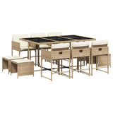 11 Piece Garden Dining Set with Cushions Beige Poly Rattan - Front View
