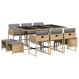 11 Piece Garden Dining Set with Cushions Mix Beige Poly Rattan - Front View