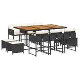 11 Piece Garden Dining Set with Cushions Black Poly Rattan - Front View