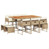 11 Piece Garden Dining Set with Cushions Beige Poly Rattan - Front View