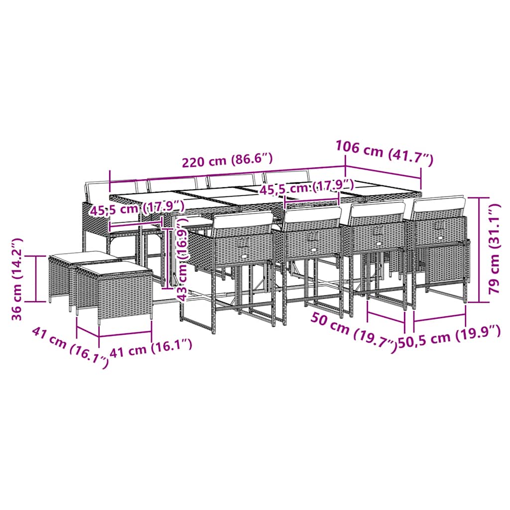 13 Piece Garden Dining Set with Cushions Grey Poly Rattan