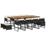 13 Piece Garden Dining Set with Cushions Black Poly Rattan - Front View
