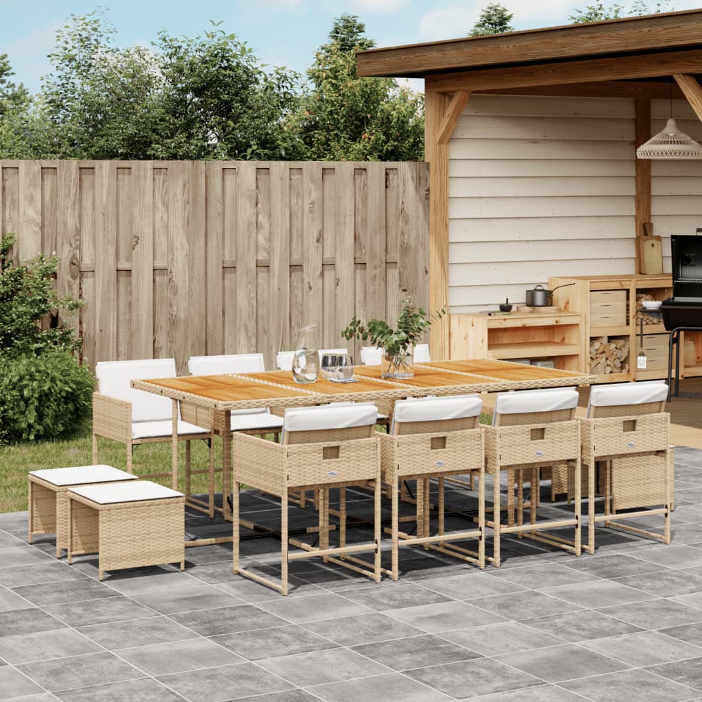 13 Piece Garden Dining Set with Cushions Beige Poly Rattan