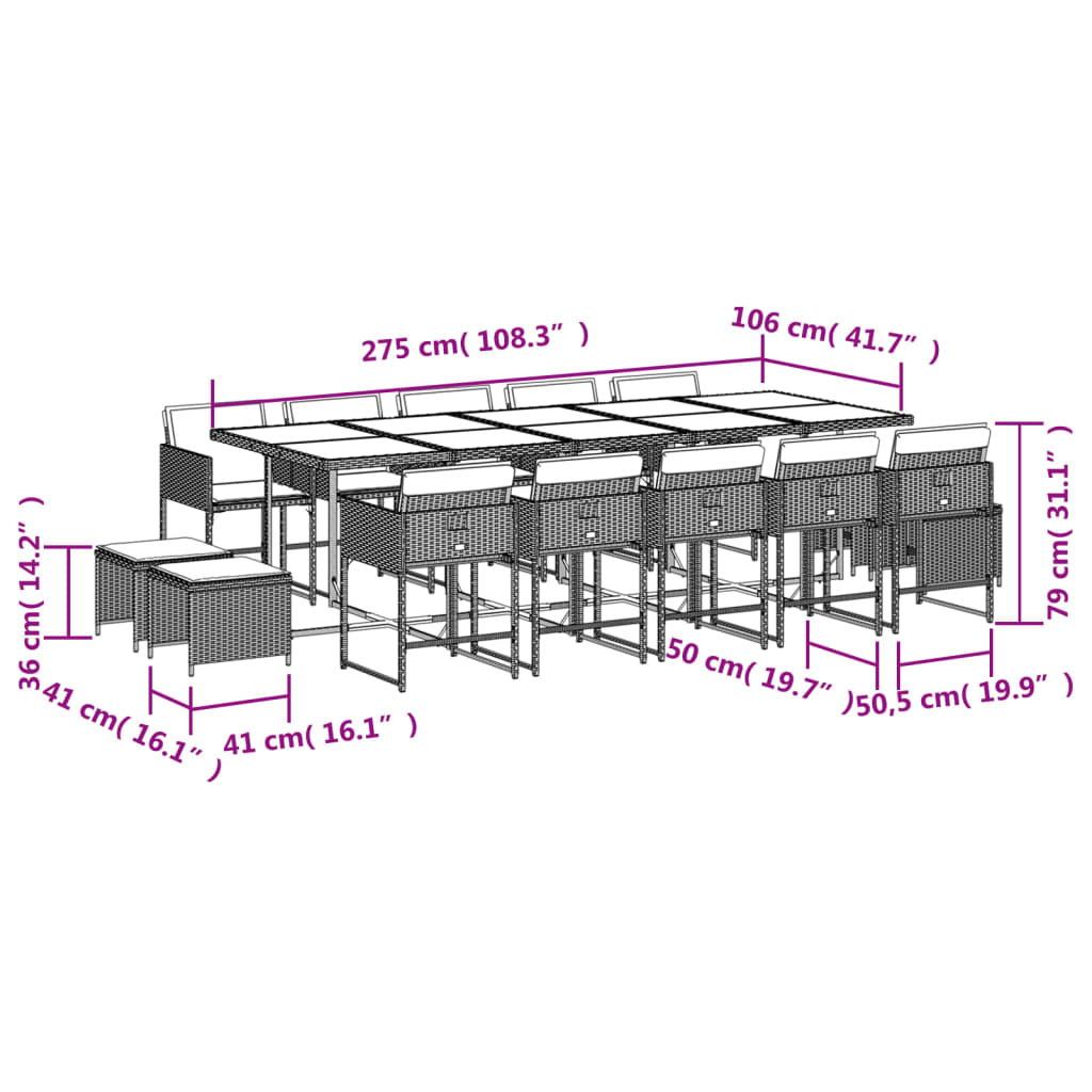 15 Piece Garden Dining Set with Cushions Light Grey Poly Rattan